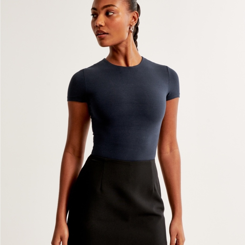 Abercrombie Short-Sleeve Cotton Blend Seamless Fabric Crew Bodysuit in Navy